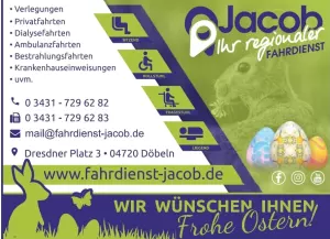 Das Team von Fahrdienst Jacob wünscht Euch schöne Ostern🐰 Fahrdienst Jacob Dresdner Platz 3 04720 Döbeln... Tel.: 03431...